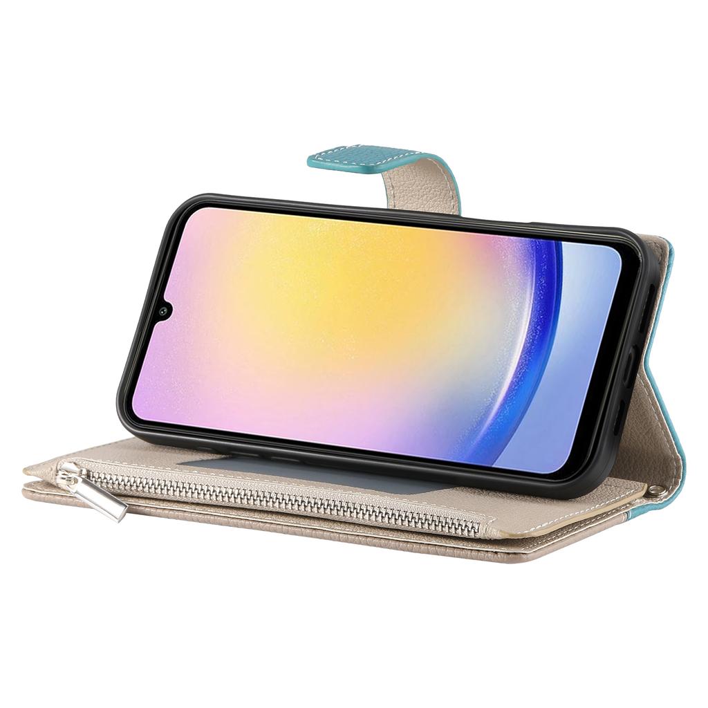 For Samsung Galaxy A25 5G (Global) (161.0mm) Etui Glidelås Lommebok Fargespleiset Lær Flip Telefondeksel med Stropper