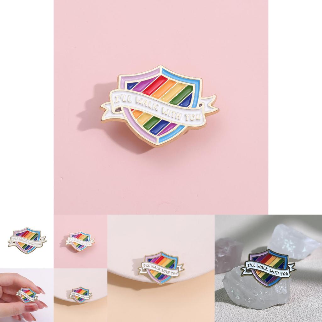 Creative Rainbow Letter Shield Brooch Stylish Metal Pin Unique Colorful Badge For All
