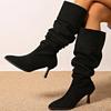 Fashion Vintage Thin High Heel Knee High Boots Women 2025 Sexy Pointed Toe Long Black Boots Woman Slip On Pleated Faux Suede Botas Mujer