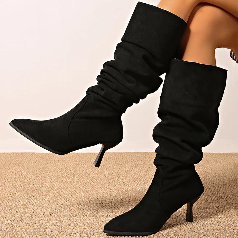 Fashion Vintage Thin High Heel Knee High Boots Women 2025 Sexy Pointed Toe Long Black Boots Woman Slip On Pleated Faux Suede Botas Mujer