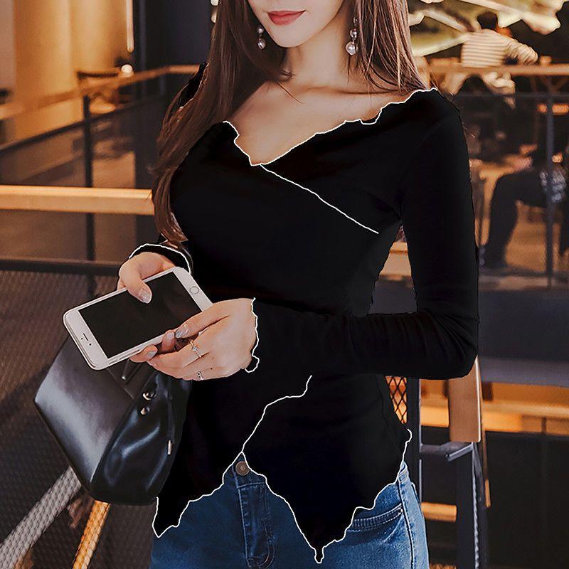 Spring and Autumn Fashion Sexy Slim Fit Irregular Top Heart Machine V-neck Contrast Asymmetric Long Sleeve Underlay Shirt
