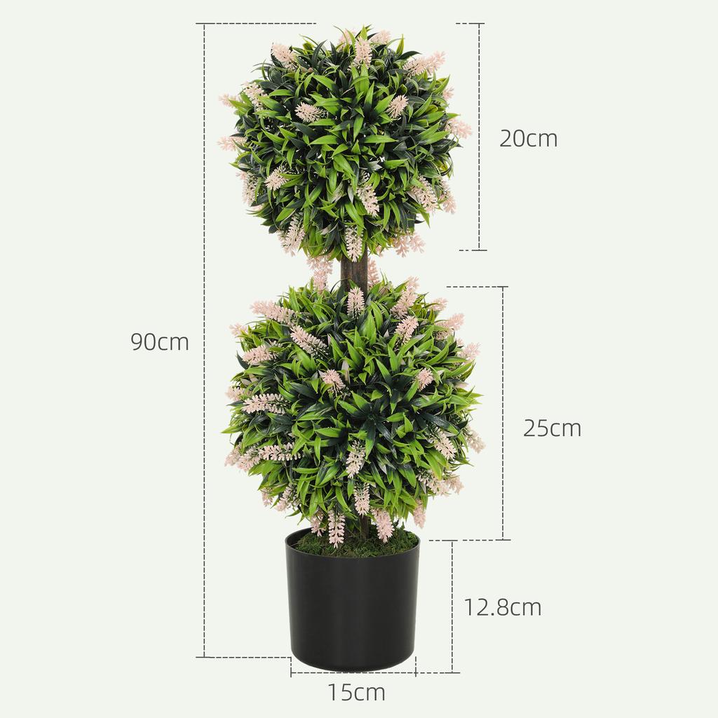 Set of 2 Decorative Artificial Plants Ball Trees with Lavender Flowers in Pot Fake Plants for Home Indoor Outdoor Decor, 70cm, Pink