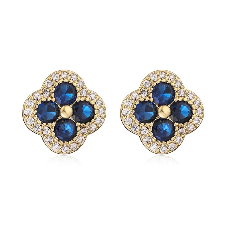 18K Golden Plated Inlaid CZ Stone Flower Shape Stud Earrings Sparkling Multi-colour 4-Leaf Flower Earrings Romantic Jewelry