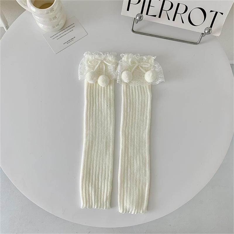 Lolitas Plush Ball Ruffle Frilly Leg Warmers Knitted Leg Sleeves Goth Crochet Ankle Heap Socks JK Uniform Foot Cover