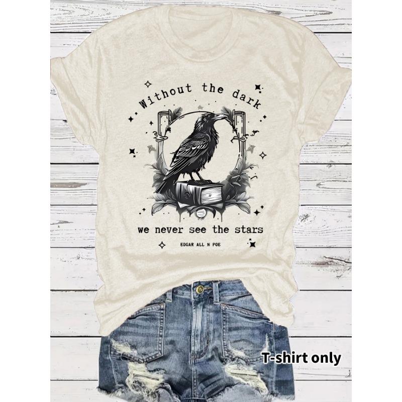 Women's Art Crow and Book Design Print Casual Short-sleeved Round-neck T-shirt