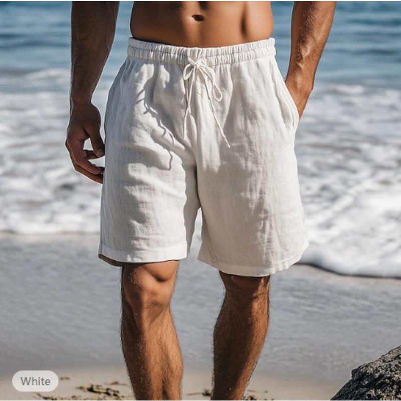 New Linen shorts, drawstring elastic waist, Solid color breathable daily beach five-point casual pants