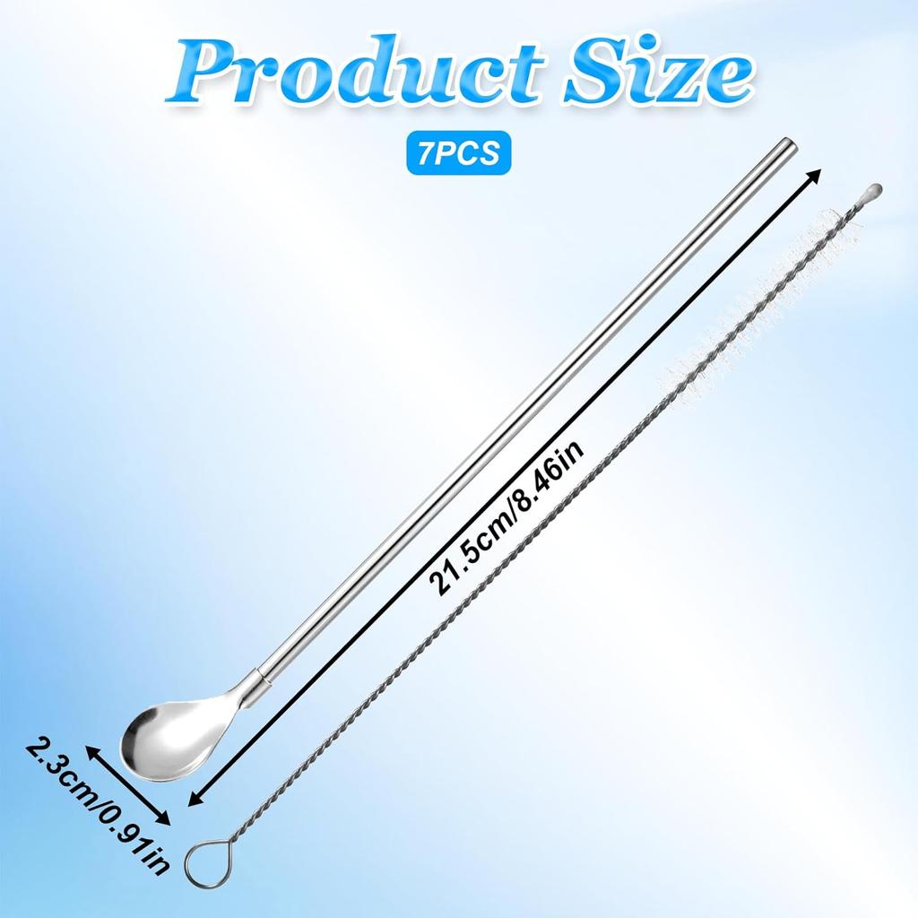 6 Pieces Stainless Steel Spoon Straws, Spoon Straw with 1 Cleaning Brush