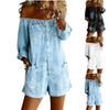 Salopetă Denim Spălat Retro cu Mânecă Lungă, Largă, Decolteu Bardot, Pantalon Scurt pentru Femei