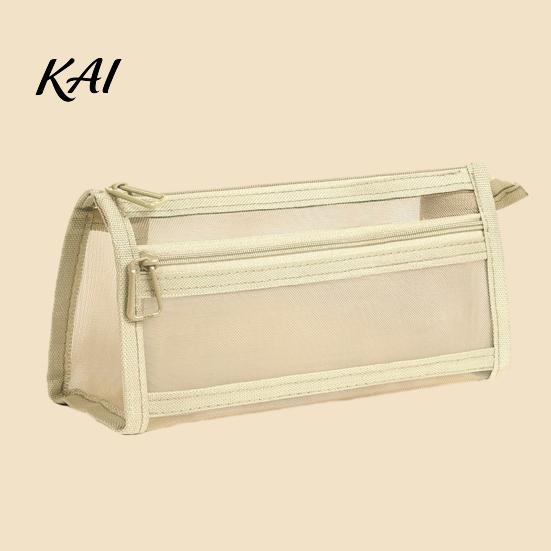 Portable Office Storage Pouch Mesh Pencil Case with Zipper, Double Layer Large Capacity Stationery Waterproof Cosmetic Travel Bag Organizer,