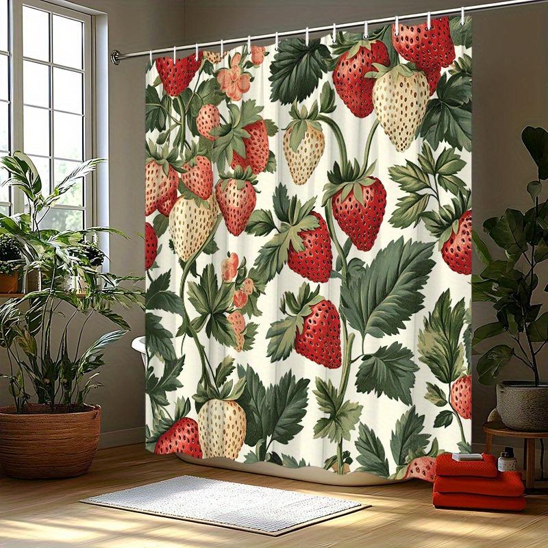 Strawberry & Leaf Curtain - Watercolor Design, Polyester, 12 Hooks, 70In, Easy to Clean, Fresh Bath Decor
