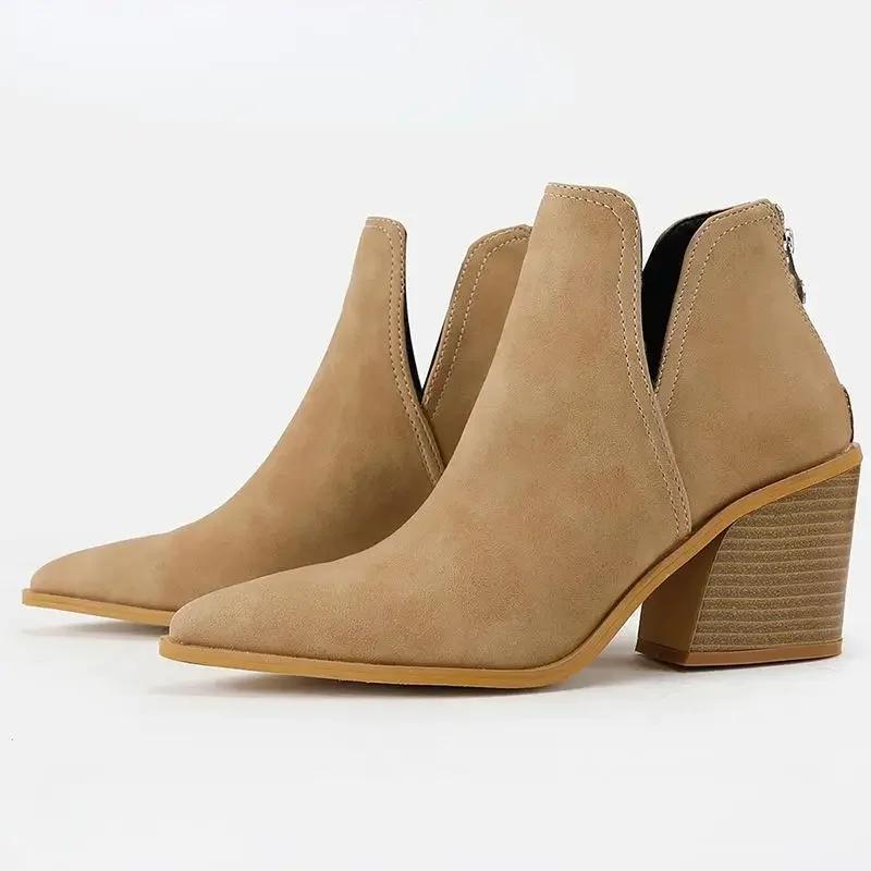 Dame Chic Leopardtrykk Ankelstøvletter Vintage Spiss Tå Tykke Hæler Korte Støvletter 2024 Casual Glidelås Dame Vinter Korte Støvler