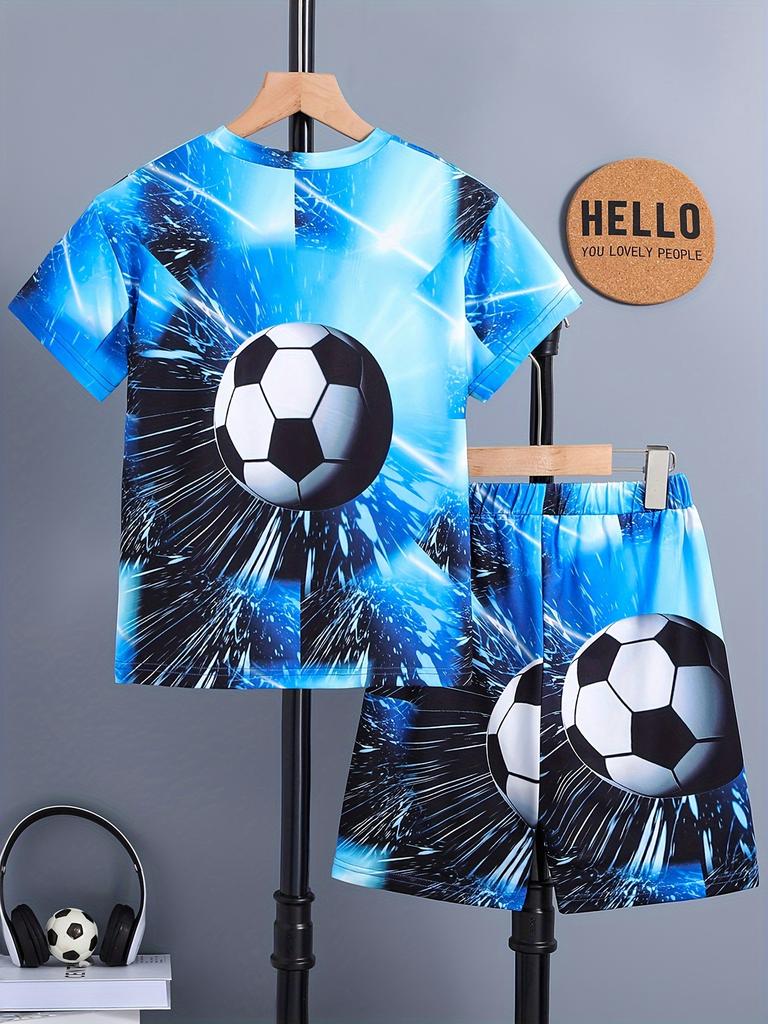Boys Summer 2026 Collection, Casual Geometric-Patterned Soccer Ball Print, Knit Polyester