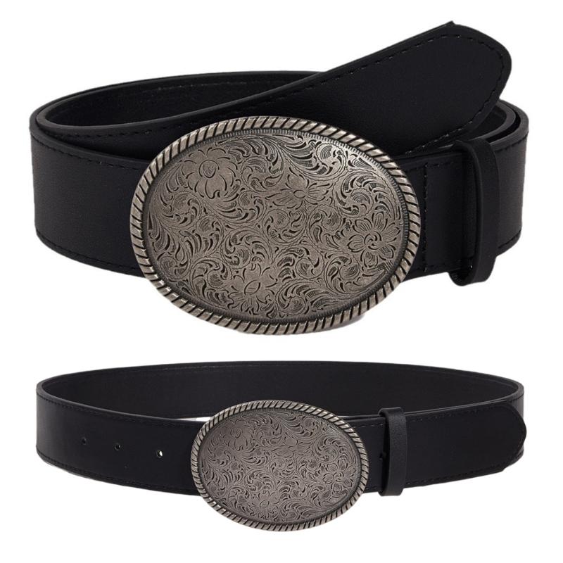 Fashionable Black Faux Leather Belt With Artistic Floral Embossing Durable Buckles Unisex Design
