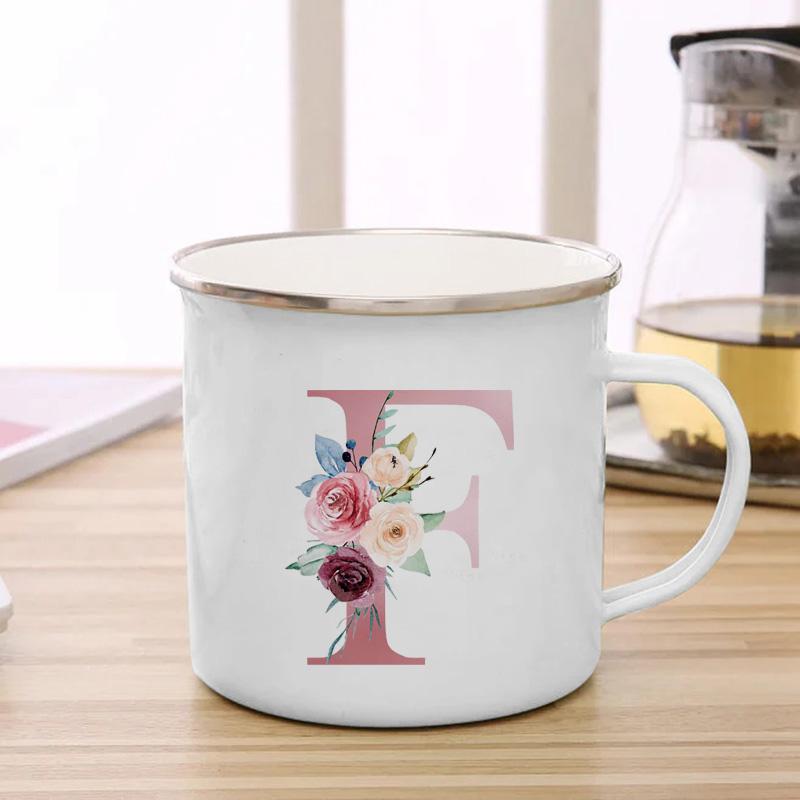 26 Initialen Rosa Buchstaben Blumen Druck Emaille Tasse Kaffeetassen Tassen für Kaffee und Tee Ungewöhnliche Teetasse Personalisierte Geschenk Tassen Cupshe
