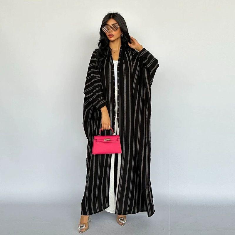 Middle East Dubai Stripes Cardigan Dress Arab Loose Robe Cardigan Striped Dress