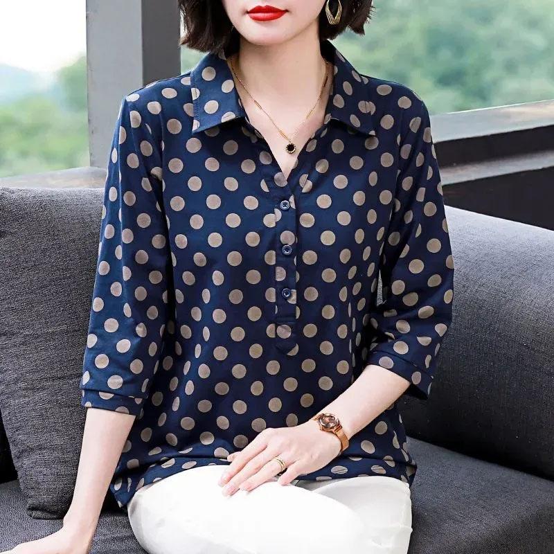 

Хлопковая футболка, женская летняя футболка большого размера в горошек, синяя рубашка с низом, свободная, удобная летняя футболка с коротким рукавом для женщин L синий