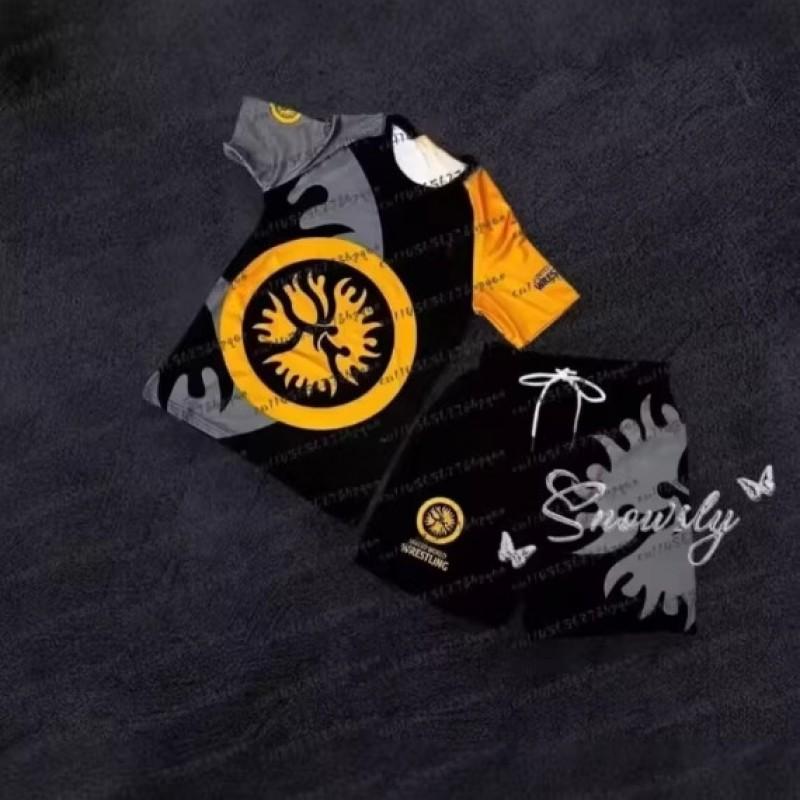 Mens Breathable 3D Printed Wrestling Martial Arts Training Set Short Sleeve T-Shirt Shorts
