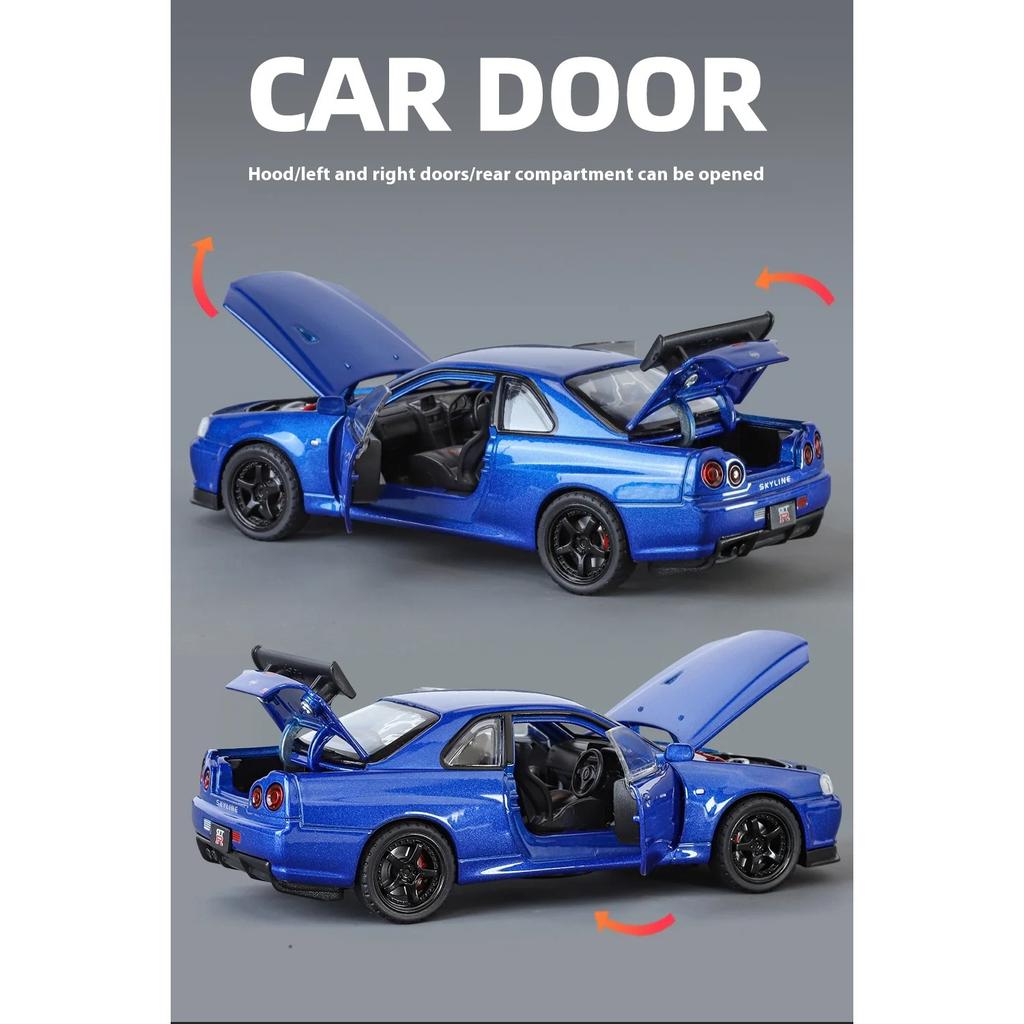 1/32 Nissan GTR R34 Skyline Supercar Alloy Metal Diecast Car Model Sound & Light Holiday Boyfriend Gift Collect Hobby Ornaments