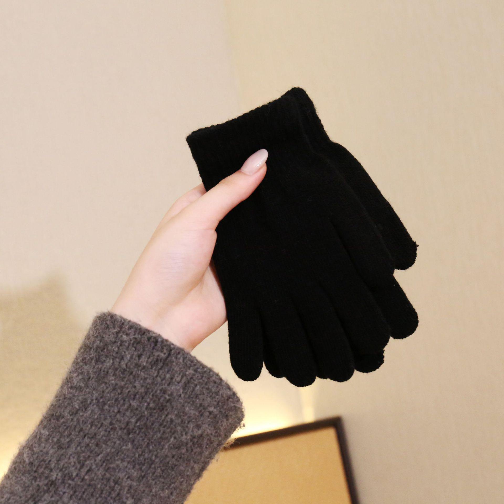 

Унисекс Вязаные Шерстяные Перчатки - Теплые с Вельветовой Подкладкой, Дизайн с Пятью Пальцами, Защита от Холода и Эластичные для Велоспорта Осенью/Зимой чёрный
