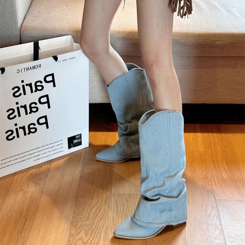Fashion Denim Women Western Cowboy Boots Fashion Platform Height Increase Ankle Booties Autumn Winter Shoes Zapatos De Mujer