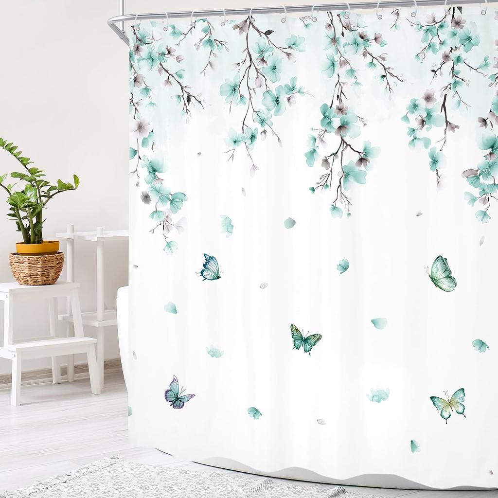 Blumen Schmetterling Duschvorhang Minzgrüne Blumen Und Schmetterlinge Badezimmer Deko Frühling Design Wasserdichtes Gewebe Eleganter Stil