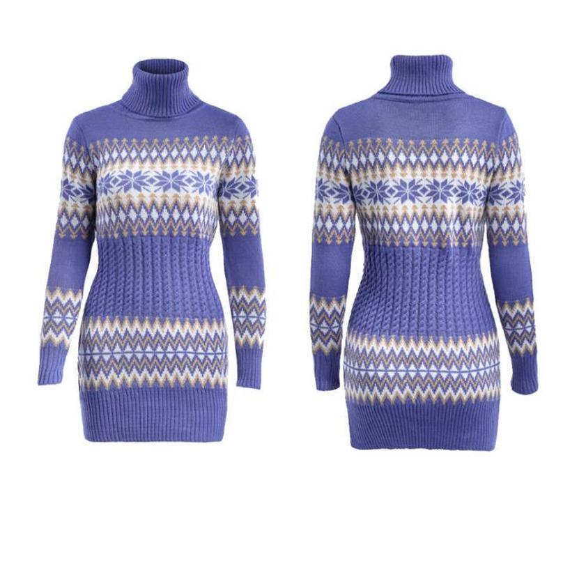 Women Winter Warm Christmas Turtleneck Sweater Dress Long Snowflake Pullover Sweater Christmas Sweater синий
