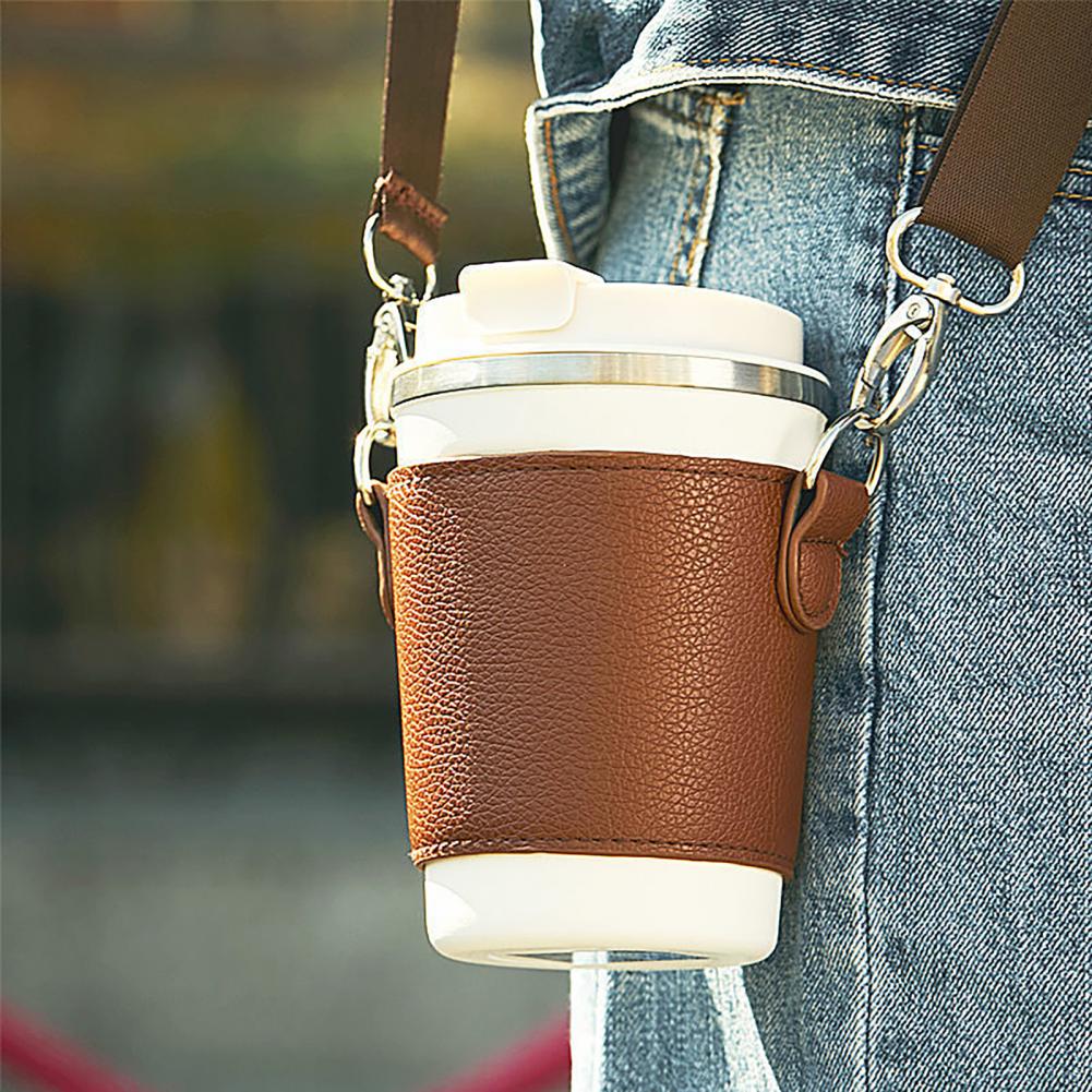 Universal Beverage Cup Bag Portable Strap Faux Leather Beverage Cup Sleeve Coffee Cup Holder Hanging Strap