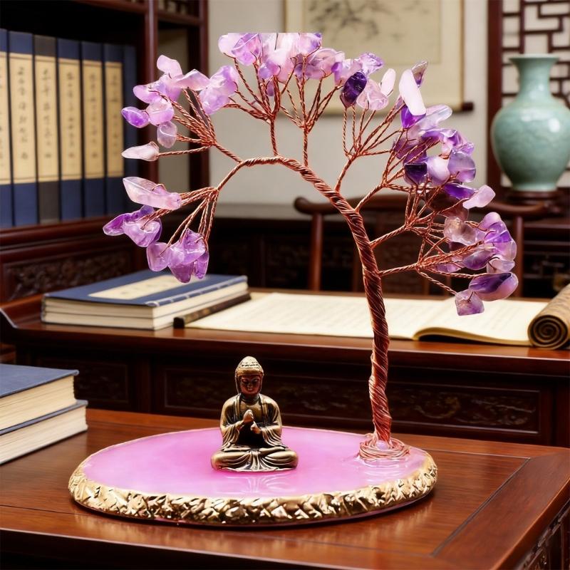 Money Tree Crystal Tree and Buddhas Statue Yogas Meditations Decors for Home Office Shelf Decoration Wealth andLuck