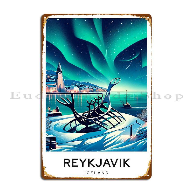 Winter Reykjavik Iceland With Northern Lights Metal Sign Painting Garage Cinema Iron Party Tin Sign Poster 20x30cm