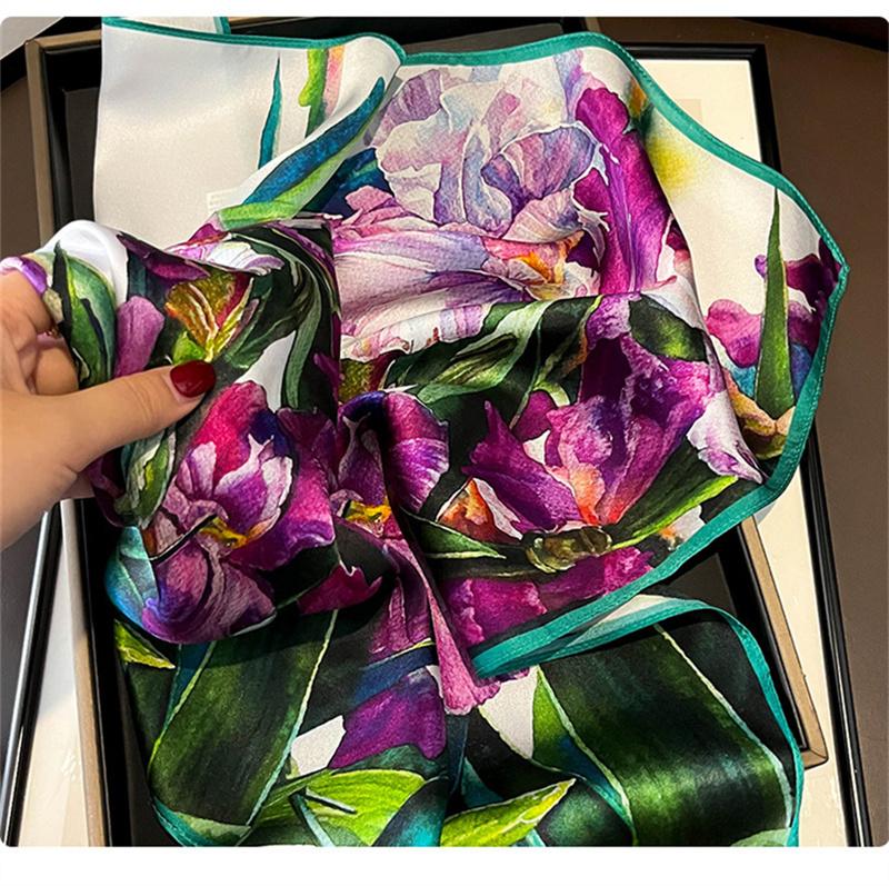 2024 100% Real Silk Square Scarf Women Designer Floral Print Neckerchief Female Luxury Shawl Hijab Bandana Headband