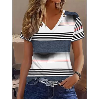 Elegant Vacation Abstract Painting Color Block Mosaic Striped Graphic Full-body Printed Breathable V-neck Short-sleeved T-shirt