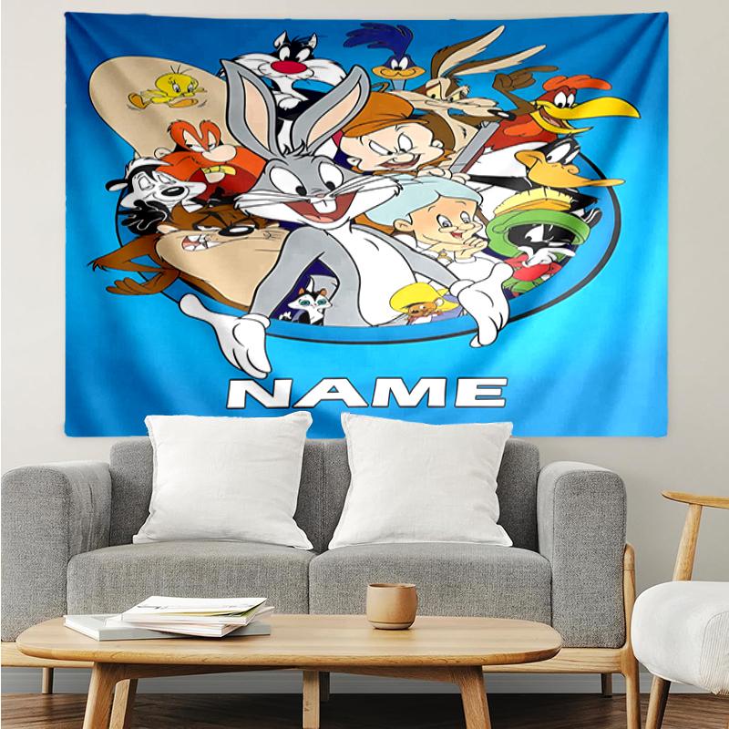 Custom Name Looney Tunes Print Tapestry, Backdrop, Easy Setup, Ideal for Bedroom, Office & Living Room, with Aesthetic Wall Hanging Decor.