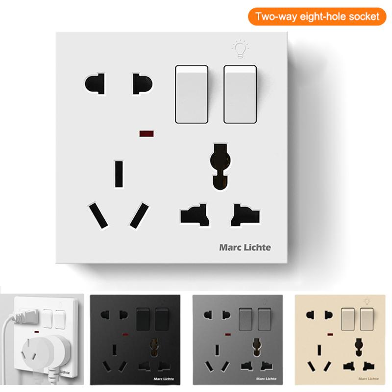 Universal 86-Type Wall Socket with 1-Gang Switch - 8-Port 5-Pin Power Outlet for 2/3-Pin Plugs, Multi-Functional Design
