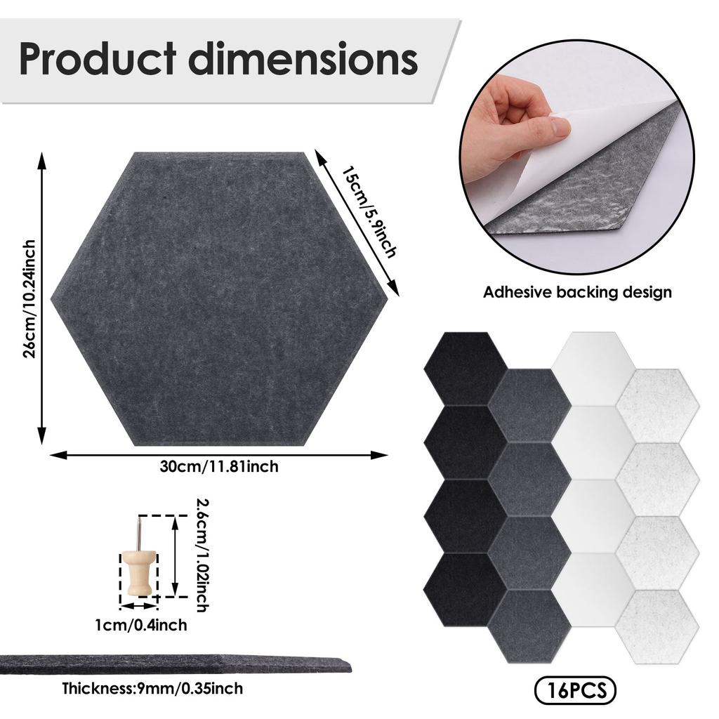 16 Pcs Hexagon Felt Bulletin Board with 50 Push Pins Decorative Hexagon Felt Pin Board for Photos Memos Home and Office Decor