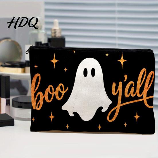 Anti Pilling Cosmetic Bag Bag Halloween Pattern Print Makeup Canvas Cute Daily Storage Zipper Pouch for Change Data Cable Washable Pencil Case