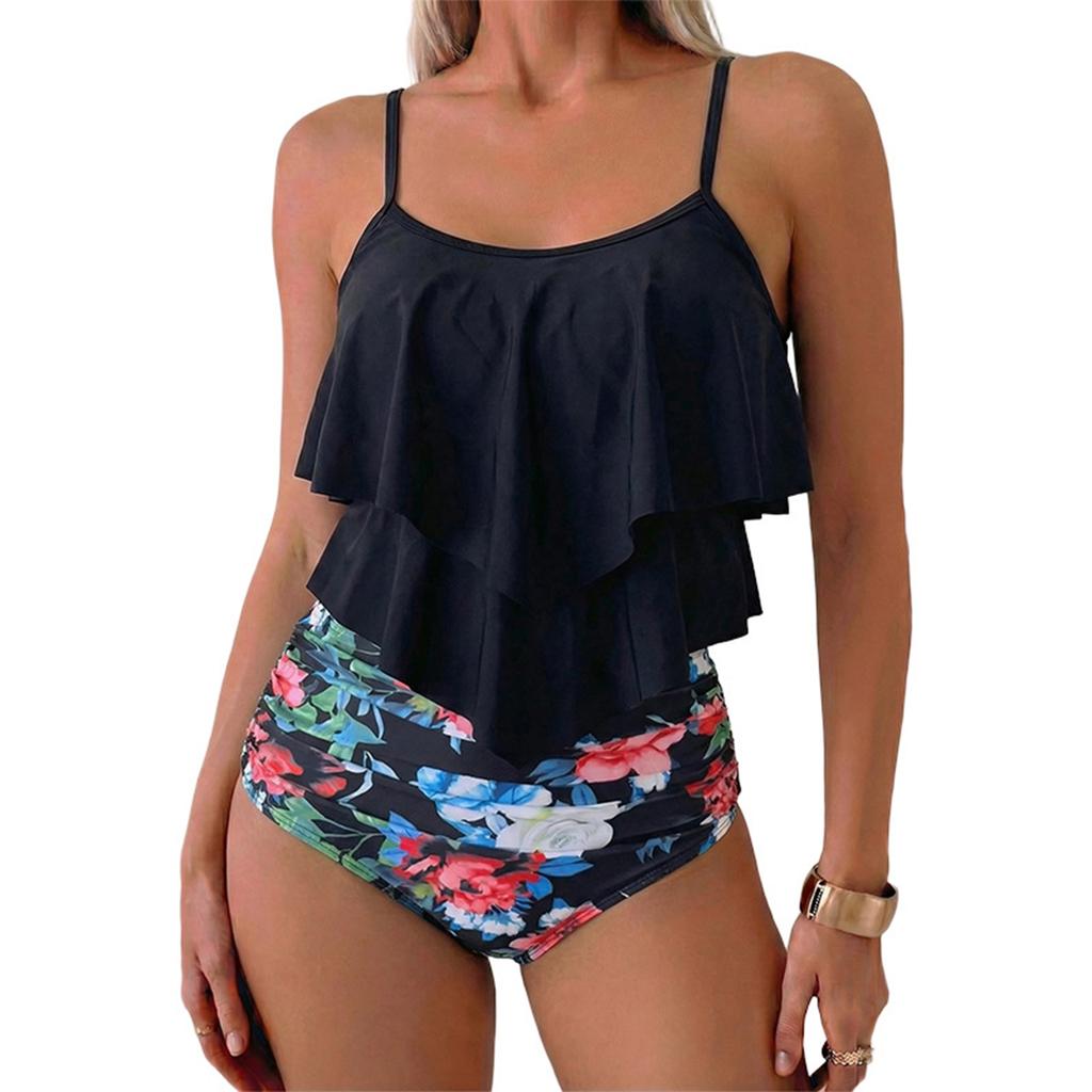 Women’s Two Piece Swimsuit Ruffle Tankini Top with Adjustable Straps and High Waist Floral Printed Bottoms