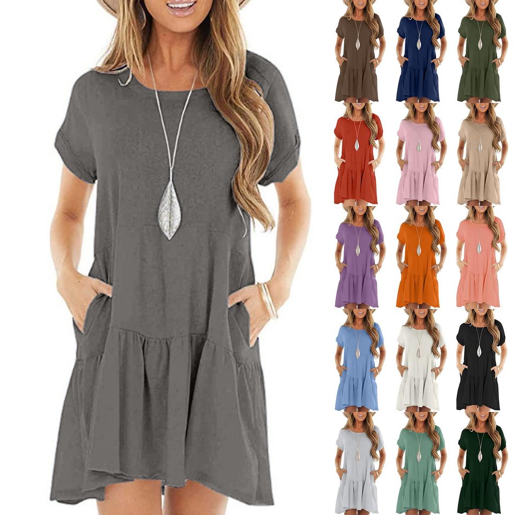 Women's Fashion Casual Round Neck Short Sleeve Ruffle Dresses