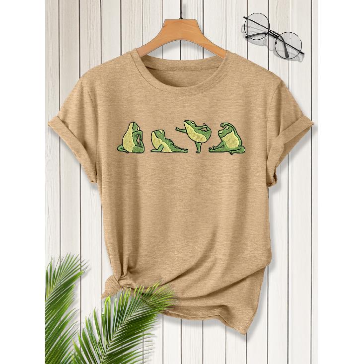 Elegant short-sleeved dress for women Cute Yoga Frog Print Crew Neck T Shirt Suitable for spring wear Summer Autumn Winter fashion