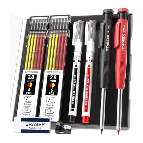 STAGEEK Mechanical Pencils for Construction, 2.8mm, Set of 2 with 3 Colors of Lead Refills (24 pcs), Heavy-Duty Carpenter Pencils for Marking,