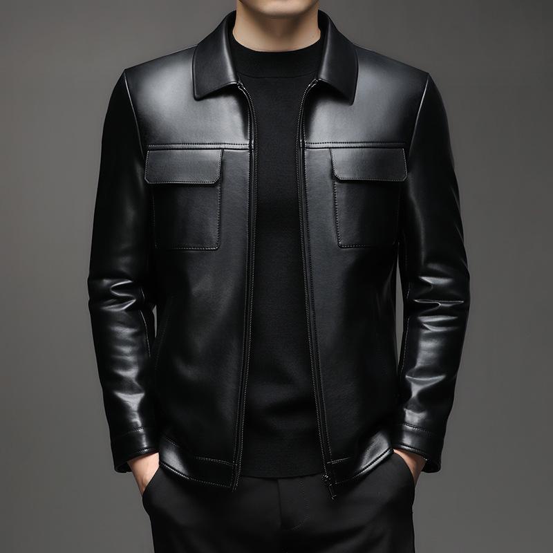 Men's leather jacket autumn casual coat new PU leather jacket velvet fashion lapel feeling men's top