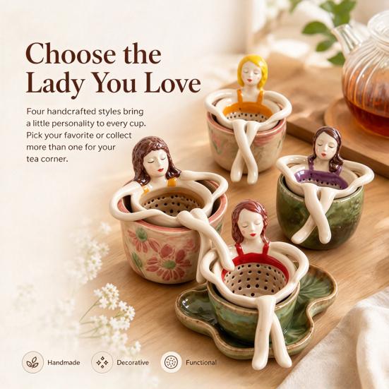 Artistic Tea Infuser for Home Bathing Girl Loose Leaf Tea, Fine Mesh Strainer, Creative Resin Residue Free Strainer Sitting Figure Filter Cups