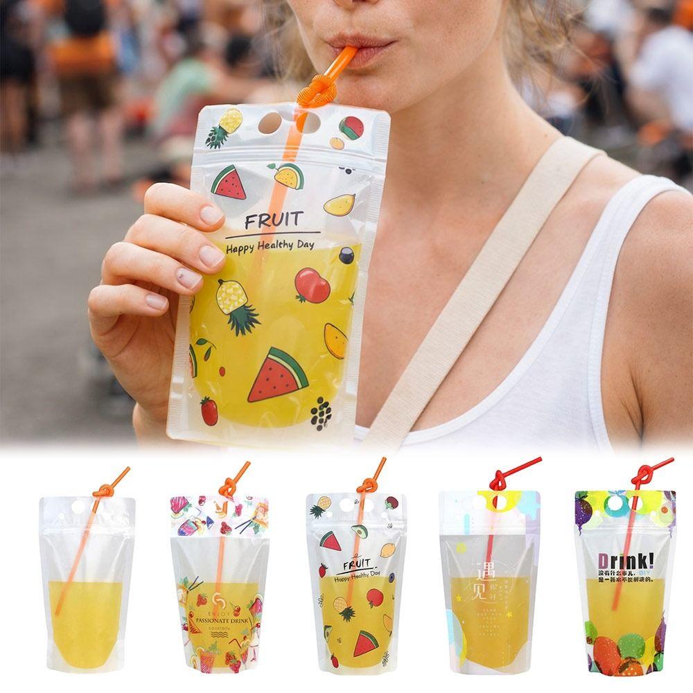Portable Disposable Beverage Bags with Straw 450ML Ice Drink Pouches Leak Proof Resealable Drink Pouches