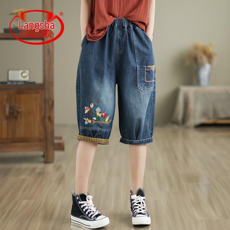 LangSha Women s Embroidered Loose Denim Capri Pants L