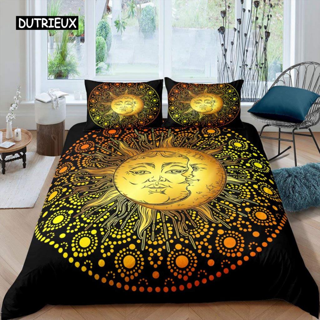 Sun Moon Duvet Cover Set Queen Microfiber Bohemian Black and White Print Yin Yang Comforter Cover Galaxy Star Twin Bedding Set