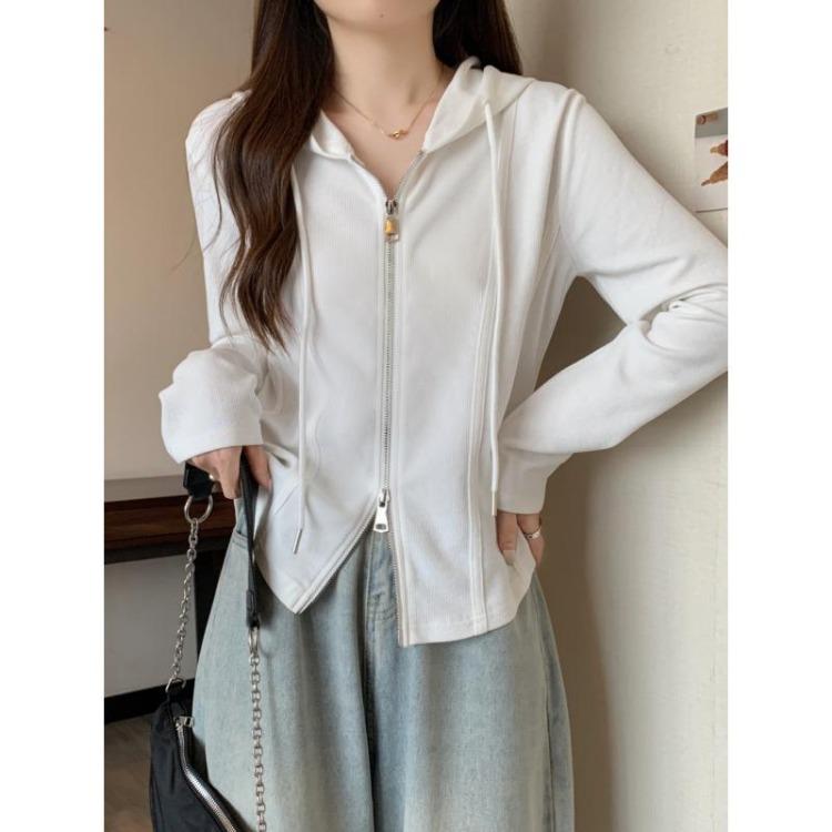 Hooded Zipper Sweatshirt Jacket Women Slimming Design Large Size Niche Autumn Fish Bone Top Bottomed Inner
