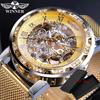 Winner Top Brand Golden Watches Men Skeleton Mechanical Watch Crystal Mesh Slim Stainless Steel Band Luxury Hand Wind Wristwatch