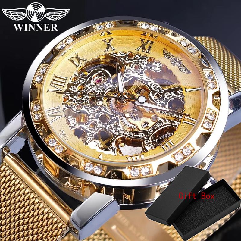 Winner Top Brand Golden Watches Men Skeleton Mechanical Watch Crystal Mesh Slim Stainless Steel Band Luxury Hand Wind Wristwatch