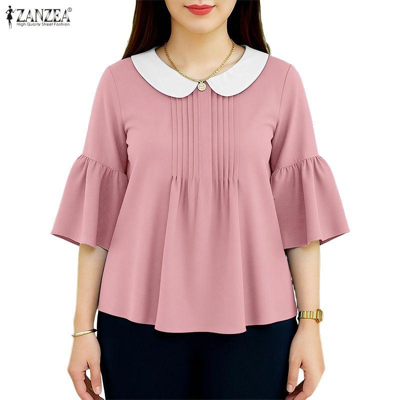ZANZEA Womens Doll Collar Loose Casual 3/4 Sleeve Blouse