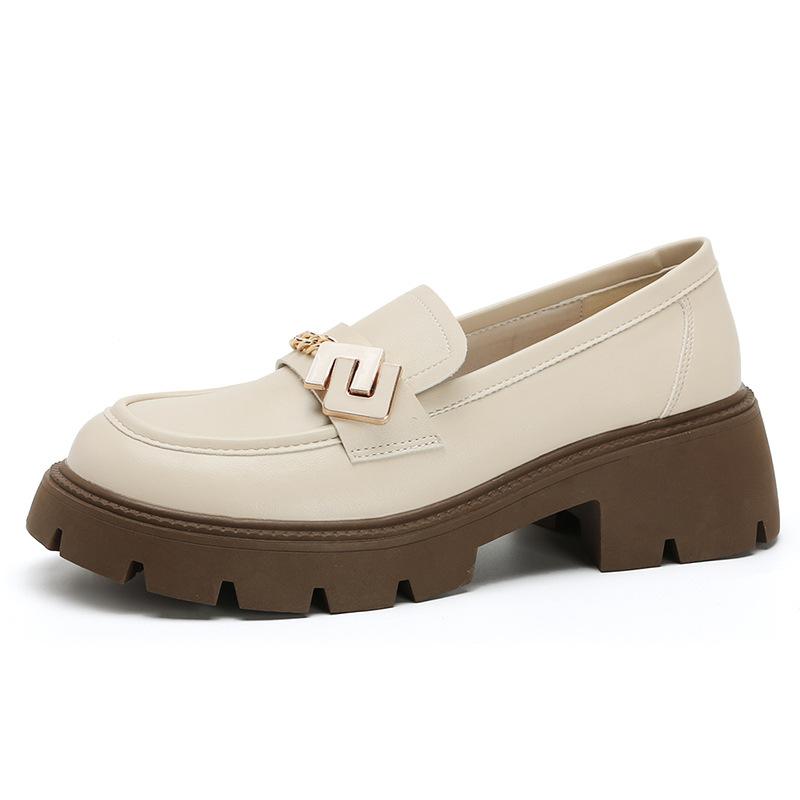 Round Head Platform Loafers Women'S Brock British Style Small Leather Shoes Women'S Metal Buckle Decorative Shoes