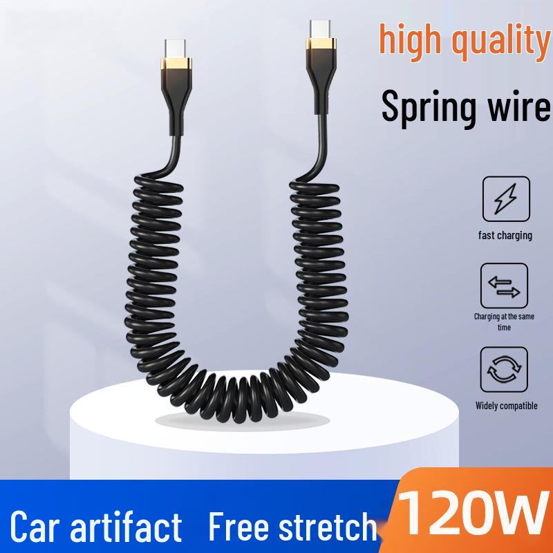 120W Dual Type-C Spring Data Cable for Apple & Huawei: 6A Super Fast Charging